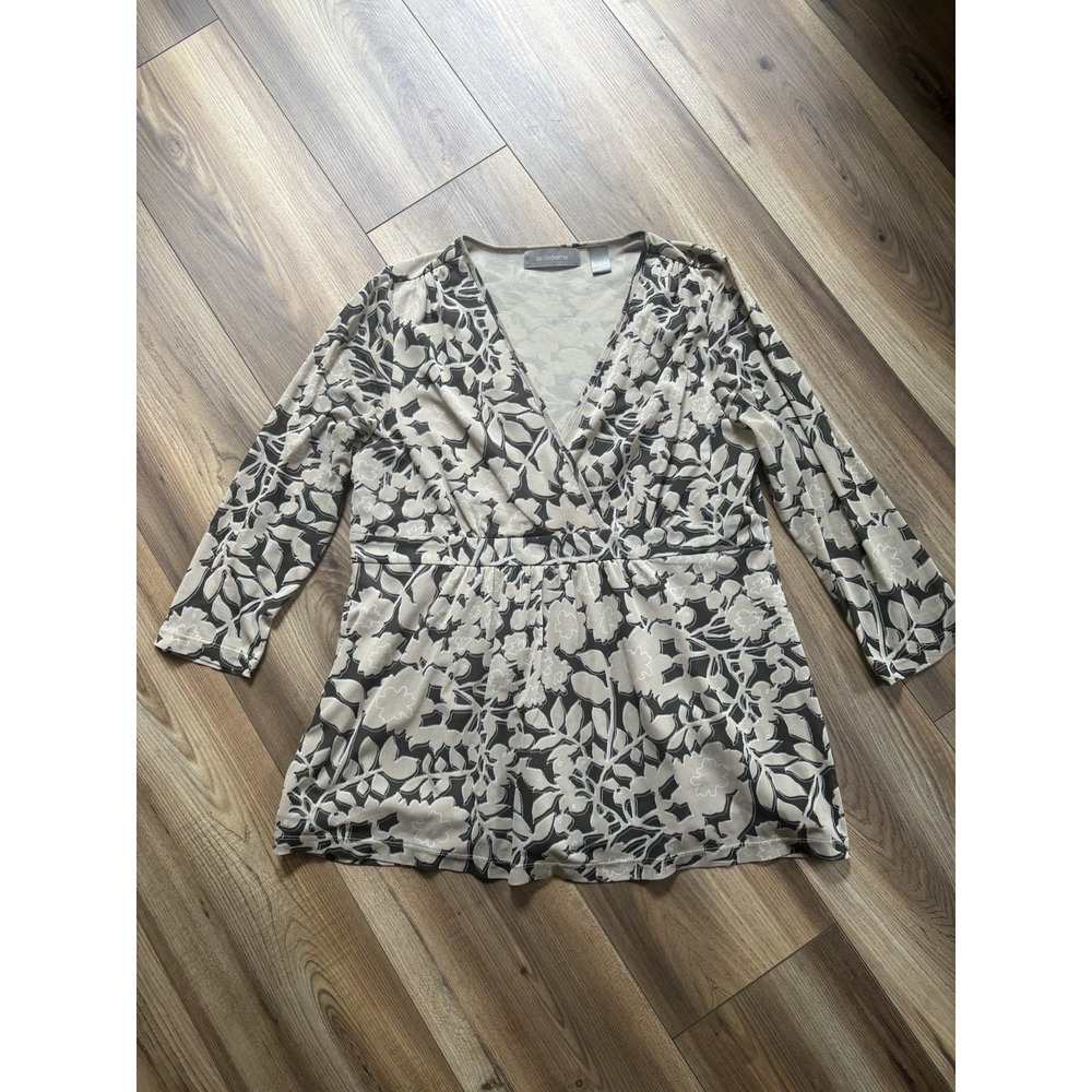 Liz Claiborne Women's Size Large Grey Beige Print Stretchy Blouse Shirt